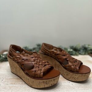 Tory Burch Brown Leather Woven Cork Wedge Sandals Women’s Size 9 Designer Shoes
